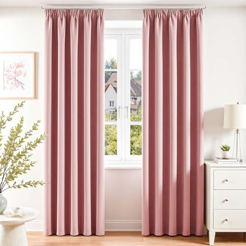 Vangao Kräuselband Gardinen für Schienensystem H220 x B140cm 2er Set, Rosa | Vorhänge Verdunkelnd, Wohnzimmer Schlafzimmer Kinderzimmer Fenster, Verdunklungsvorhänge 220 cm lang, Pink Blackout Curtains