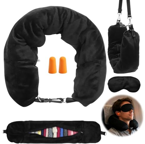 VOSSOT Cuscino Viaggio Riempibile Cuscino Collo Aereo Cervicale da Viaggio | Cuscino per Il Collo Polivalente, con Tracolla Regolabile, Adatto A Viaggi, in Auto, Aereo con Maschera, per Gli Occhi Tappi