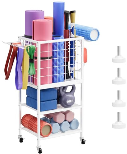 smusei Dumbbell Rack 3-Tier Gym Storage Weight Rack for Dumbbells Includes 1 Basket, 2 Shelves, 16 Hooks Dumbbell Stand with 360° Rotating Wheels for Yoga Mats Foam Rollers Kettlebells (White)