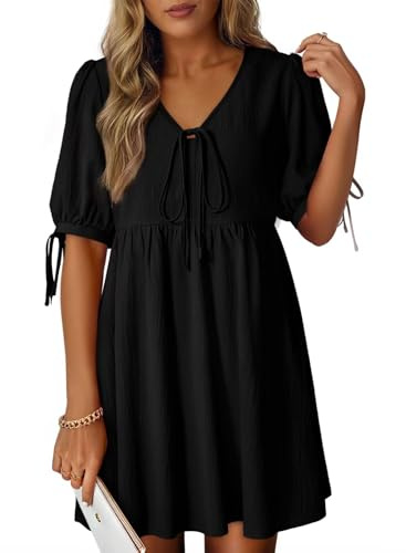 Dokotoo Summer Dresses for Women 2026 Casual V Neck Bow Tie Short Sleeve Empire Waist A-Line Mini Dress Black Dress Large