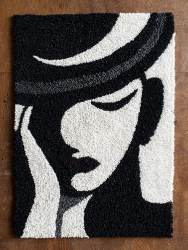 XDEGHUANGSS Latch Hook Rug Kit Black and White Woman Pre-Printed Handmade Carpet Crochet Yarn Craft DIY Hook and Latch Door Mat Tapestry for Home Floor Decoration 52x38cm