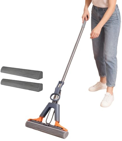 Mop in spugna | Mop in spugna autostrizzante - Easy Floor M-op con 3 testine ín schiuma super assorbente - Ḿop auto strizzante esteso a mani libere con manico ìn acciaio inossidabile - M̀op în śpugna