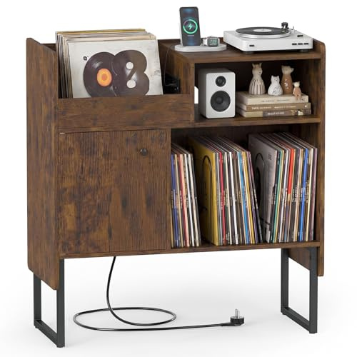 COSTWAY Mueble para Tocadiscos con Almacenamiento de Vinilos, Soporte para Tocadiscos Industrial con Estante Abierto y Armario, Orificio de Cables, Mueble para Vinilos, CD, 80 x 35,5 x 85,5 cm