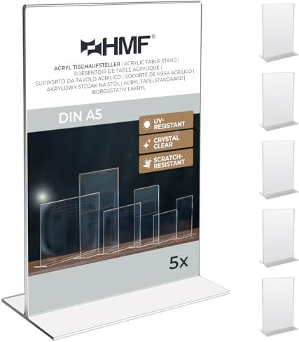 HMF Présentoir de Table Acrylique A5 Format Portrait, Porte Menu Restaurant, Double Face, Support Affiche Publicitaire pour Bureau, Restaurant, Menu | Transparent