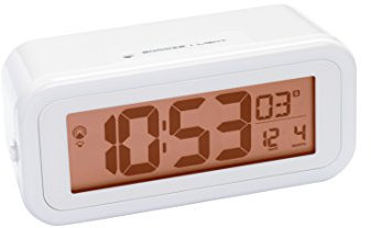 Bresser DCF Funkwecker MyTime Amber mit bernsteinfarbener, einstellbarer Hintergrundbeleuchtung bei mit Batteriebetrieb, Alarm und Temperaturanzeige, weiß