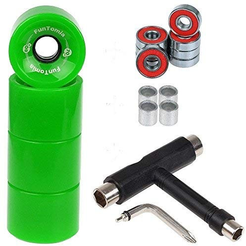 FunTomia 4 Stück Longboard/Skateboard Rollen (Big Wheels) in 70x51mm 80A oder 86A inkl. ABEC-9 Kugellager, Metall Spacer und T-Tool