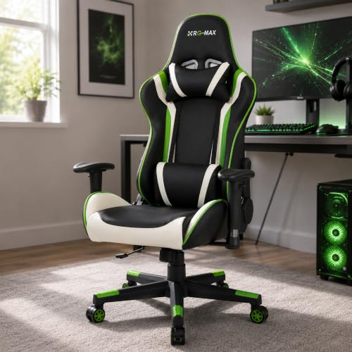 RG-MAX Pro Reclining Sports Racing Gaming Office Desk PC Faux Leather Chair (Green), PU Metal/Plastic, One size
