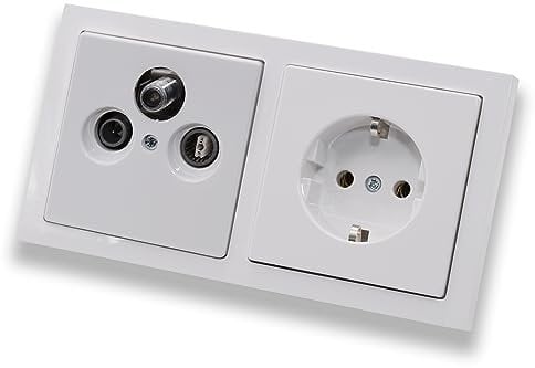BUSCH JÄGER Komplettset/Antennensteckdosen-Einsatz Radio/TV/SAT (**) WISI + 2fach Rahmen und Abdeckung inkl. 1 x Steckdose 20 EUC-84 in Future Linear studioweiß