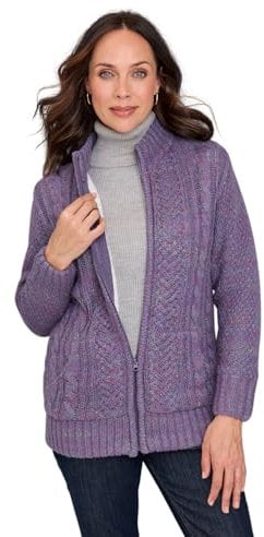 Amber Ladies Borg Fleece Lined Zip Cardigan Cable Knit Design Warm Marl Yarn with Full Zip Front Lavender 12-14