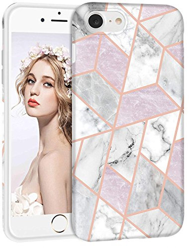 IMIKOKO iPhone 8 Case, iPhone 7 Phone Case Geometric Grid Marble Design Slim Anti-Scratch Shockproof Cover Matte Clear Transparent TPU Bumper Soft Case for Apple iPhone 7/8 (4.7 Inch)(Gray Pink)