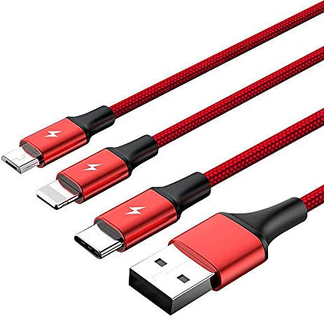 Unitek Premium Multi 3 in 1 USB Ladekabel Universal Mehrfach Ladegert Kabel Micro USB/Typ C/Lightning 3A 1.2M für Iphone/Android Smartphone - Rot/Schwarz