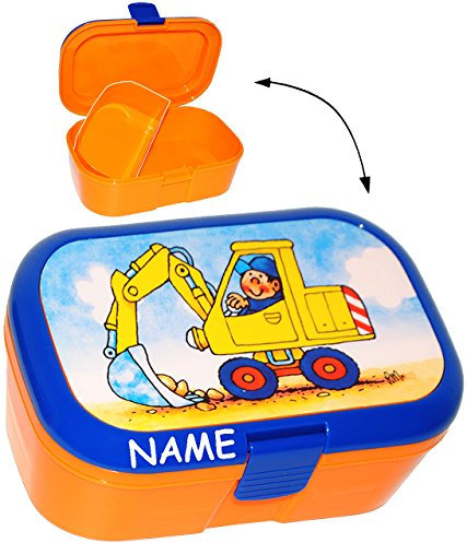 alles-meine.de GmbH Lunchbox/Brotdose - Bagger & Baustelle - incl. Name - mit extra Einsatz/herausnehmbaren Fach - Brotbüchse Küche Essen - für Mädchen & Jungen - Fahrzeu..