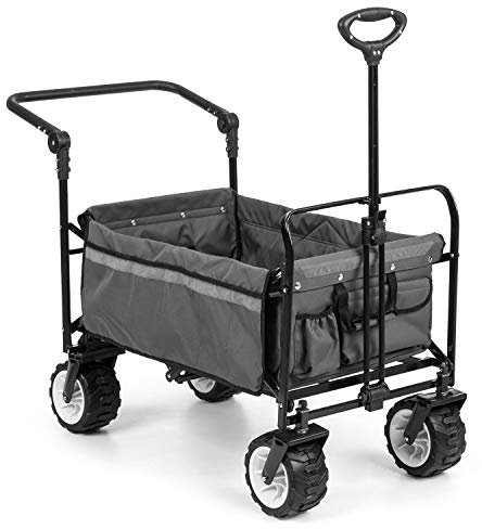 Waldbeck Easy Rider Handwagen mit Teleskopstange und extrabreiten Reifen - Outdoor Edition, Bollerwagen, zusammenklappbar, Belastbarkeit bis 70kg, Polyester, 2 Sicherheitsgurte für Kinder, grau