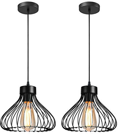iDEGU 2 Stück Hängelampen Industrielle Pendelleuchte 23cm Lampenschirm aus Metall im Käfig Design Schwarz Vintage Lampe für Küche Esszimmer Schlafzimmer Wohnzimmer Flur Bar Restaurant (Schwarz)