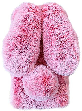 Awenroy Hase Pelz Handyhülle für LG Q7/Q7 Plus/Q7α [ 3D Flauschiges Kaninchen ] Weicher und bequemer Plüschbezug Spaß Luxus und schön Stoßfeste Hülle für LG Q7/Q7 Plus/Q7α - Frostrosa