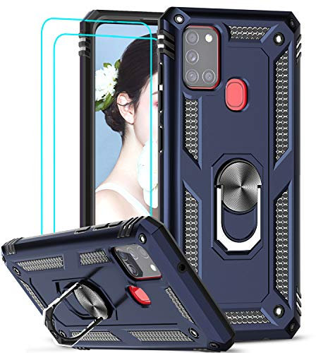 LeYi für Samsung Galaxy A21S Hülle mit Panzerglas Schutzfolie(2 Stück),360 Grad Ring Halter Handy Hüllen Cover Bumper Schutzhülle für Case Samsung Galaxy A21S Handyhülle Blau