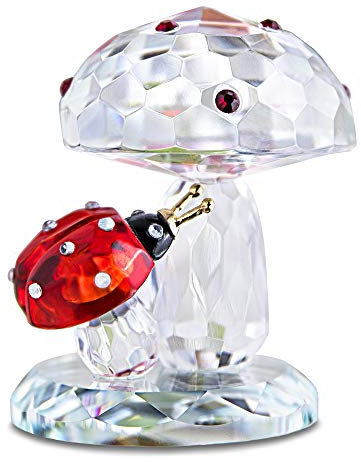 H&D Hyaline&Dora Crystal Ladybug on Mushroom Figurine,Glass Animal Paperweight Collectible,Home Table Decoration Ornament