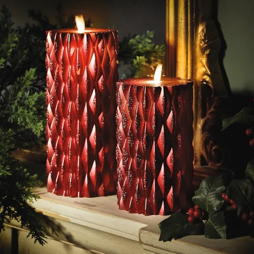 Set of 2 Sparkly Red Real Wax LED Candles – Battery Powered Faux Flameless Flickering Decorative Pillar Candle Lights, Indoor Home Decoration – H15 & H20 x 9cm Diameter