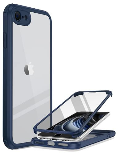 iPhone SE 2022 & 2020 Case, iPhone 8 Case [Built-in Glass Screen Protector] Military Grade Full Body 360 Shockproof Stylish Bumper Transparent Back Case Cover (Dark Blue)