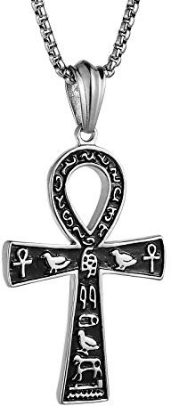 HZMAN Edelstahl große Ankh Kreuz Anhänger Halskette altägyptischen Hieroglyphen Symbol 22 + 2 Zoll Kette (Silber groß)