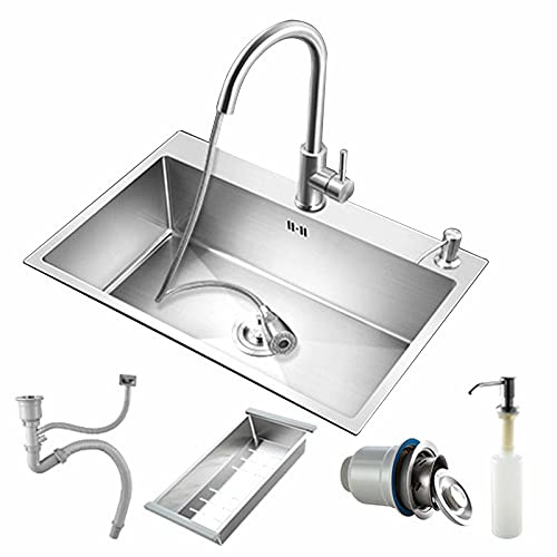 HGTRH Lavello Cucina Monovasca, Lavello da Cucina Satinato Acciaio Inox, con Dispenser di Sapone, da Appoggio O Filotop con Kit di Scarico E Tappo Lavello Filtro,Montaggio da Appoggio