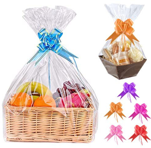 Große Geschenkfolie Transparent Cellophantüten,5 Stück Geschenkfolie 70x100cm,Durchsichtiges Geschenkpapier Cellophantüten Mit 5 Zugschleifen Geschenke Körbe,Blumen,Kunsthandwerk,Leckerli, Hochzeit