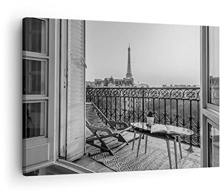 Bilder auf Leinwand Schwarzweiß Paris Balkon Leinwandbild 70x50cm Wandbilder Dekoration Wohnzimmer Schlafzimmer Küche Deko Klein Wanddeko Bild Wand Kunstdruck Art Wall Decor Canvas AA70x50-4595