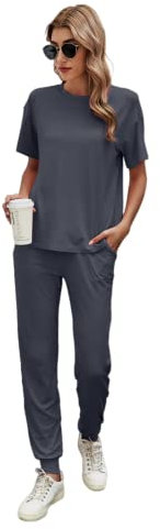 Ietaoo Completo Sportivo Donna Tute da Ginnastica da Donna Estiva Cotone 2 Pezzi Homewear Manica Corta T Shirt+ Pantaloni Tute Sportiva Casa Pigiama Set Grigio M
