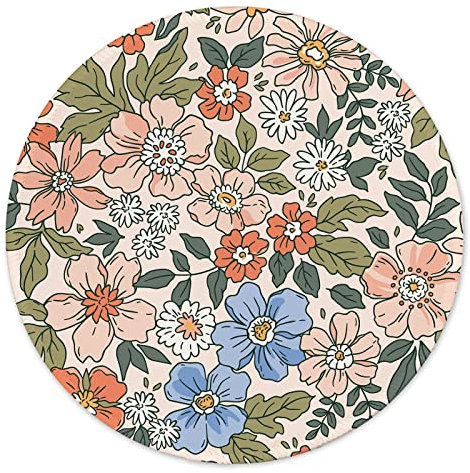 Tapis de souris rond avec base en caoutchouc antidérapant avec bords cousus, pour ordinateur portable (20 x 20 cm, rose floral)