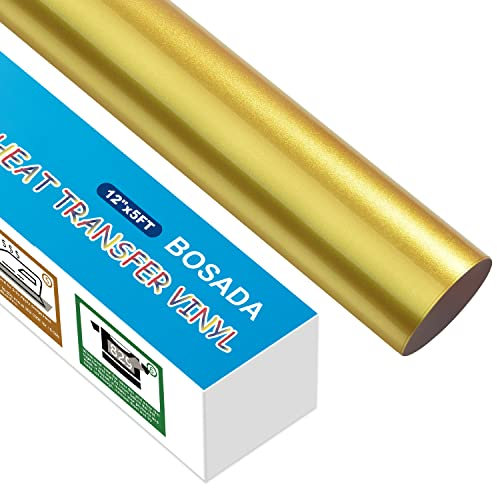 BOSADA Heat Transfer Vinyl 12 x 5ft Gold HTV Vinyl Metallic Foil Iron on Vinyl for Cricut and DIY T-Shirt Clothing Hats Pillows Fabric