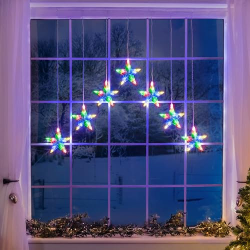 Christow Christmas Curtain Lights for Windows, 7 Star String Light Decoration, 70 Multi Coloured LEDs, Indoor Outdoor Home Garden Xmas Lighting, Battery Operated with Timer Function (W84cm x H90cm)