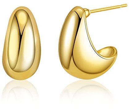18K Gold Plated J-Hoop Earrings, Chunky Curved Design