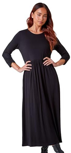 Roman Petite Floral Abstract Stretch Midi Dress for Women UK - Ladies Everyday Autumn Winter Round Neckline Comfy Soft Evening Vacation Work Party Night Out - Petite Black - Size 16