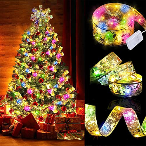 ITODA Weihnachten Lichterkette Bänder 5m Weihnachtsband Weihnachtsbaum LED Lichter Bunt Weihnachtslichter Dekoband Christbaum Deko Glänzende Band DIY Schleifenband Weihnachtsdeko für Innen Außen Gold