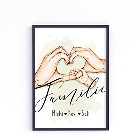 Poster Familie Hände der Liebe personalisiert mit Namen in A4 A3 A2 als Geschenk für Mama zur Geburt Muttertag Familienbild (Mint Hintergrund, 1 Kind)
