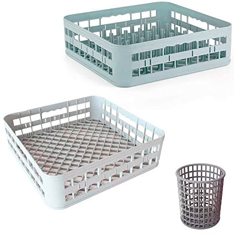 Set de 2 Cestas de lavado 40x40x12 cms + 1 cubilete para cubiertos. Ideal para lavavajillas y lavavasos industriales.