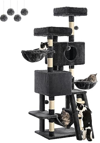 FourFurPets Árbol para Gatos, Altura 160 cm, Torre de Gatos, con 2 Plataformas, 2 Cuevas, 2 Cesta, Escaleras de Sisal, Hamaca, Pompón, Gris Antracita