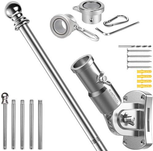 evertoco Premium Flag Pole Kit - T304 Stainless Steel 180°Adjustable Flag Bracket, 6 Ft Flag Pole with Aluminum Alloy Rings - Durable, Wind Resistant, Rust Free, Silver