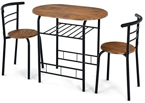 GIANTEX 3 TLG. Essgruppe Esstisch mit 2 Stühlen, Esszimmergruppe Kleiner Küchentisch Set für 2 Personen, Esszimmer Tisch mit Ablage, Bistro-Set Sitzgruppe Platzsparend (Braun+Schwarz)