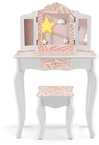 DREAMADE 2 in 1 Schminktisch Kinder mit Hocker und Abnehmbarer Spiegel, Prinzessin Frisiertisch mit Schublade Kosmetiktisch aus Holz, Kinderschminktisch für mädchen (Zebramuster)