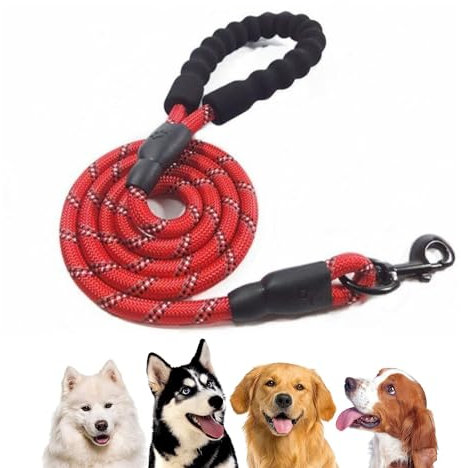 DistriPet Correa Perro, Correa Perro Grande, Fuerte 1,5mts con Mango Acolchado y Suave y Nylon Sólido. con Hilos Reflectantes es Ideal para Perros Pequeños, Medianos y Grandes. Cuerda 5ft.