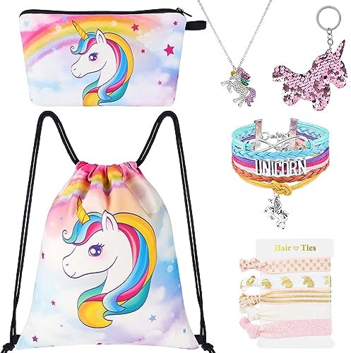 10 PCS Einhorn Turnbeutel mit Kordelzug Set - Einhorn Kordelzug Tasche für Mädchen Kordelzug Tasche Geschenke Kosmetiktasche Schlüsselanhänger Armband Halskette Haarbänder Kinder Mädchen Turnbeutel