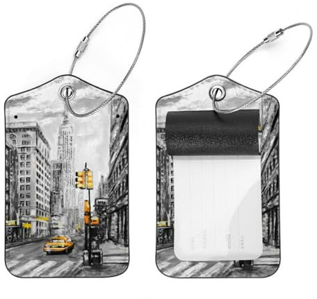 2 Stück Straße New York Gelbes Taxi American City Ölgemälde Gepäckanhänger für Koffer, Leder Gepäckanhänger Identifikatoren für Reisen, Edelstahlschlaufe Namensschild für Frauen Tasche Rucksack