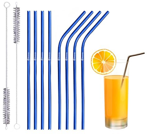 Set of 10 Reusable Metal Straws Drinking, 216mm Eco-Friendly Stainless Steel Drinking Straws for Cocktail, Milkshake, Cold/Hot Drinks (4 Straight + 4 Bent + 2 Cleaners) BPA Free (Blue)