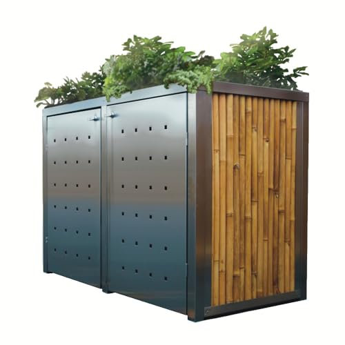 Mülltonnenbox aus Bambus mit Edelstahlrahmen, Lochblechtür und umweltfreundlichem Pflanzdach (Für 2 Tonnen à 240 Liter)