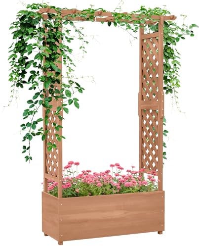 Outsunny Fioriera con Grigliato e Tettuccio in Legno di Abete, Fioriera da Esterno con Fori di Drenaggio, 112x41x180 cm, Marrone