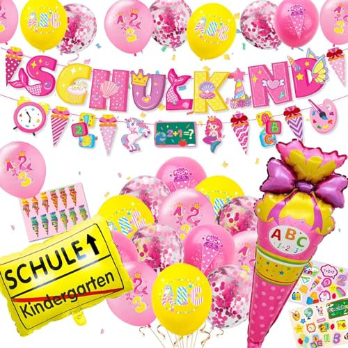 Einschulung Deko Mädchen 2024 Schulkind Banner Rose Luftballons Schulanfang Mädchen Einschulung Deko set(Schulkind-Rosa)