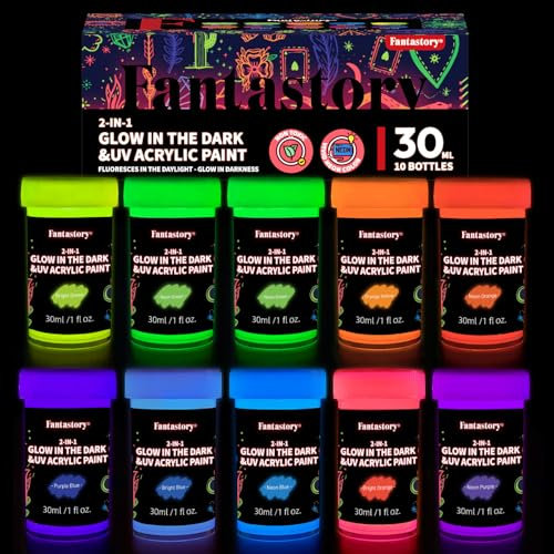 fantastory Halloween Glow in the Dark Paint,30ml/1oz,Neon Colors Glow Acrylic Paints,Waterproof Blacklight Paint for Outdoor Rock,Wood,Craft,Canva,Pumpkin,Holiday Decor,Adults[FluorescentSeries]