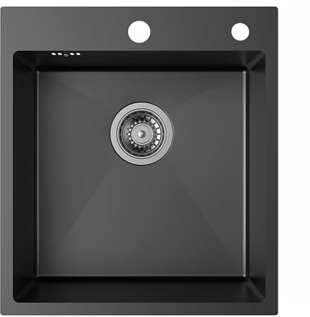 Auralum Spülbecken Schwarz 44 x 49 cm, Küchenspüle Edelstahl, 1 Becke Einbauspüle, Spülbecken Küche Klein inkl. 500 ml Seifenspender, Siphon Ab- und Überlaufgarnitur