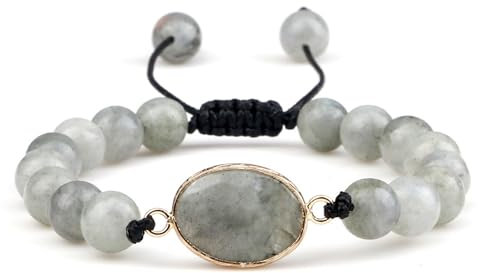 Ayoiow Armbänder Naturstein Herren 8mm, Einstellbar Armbänder für Damen Hell Grau Naturstein Armbänder